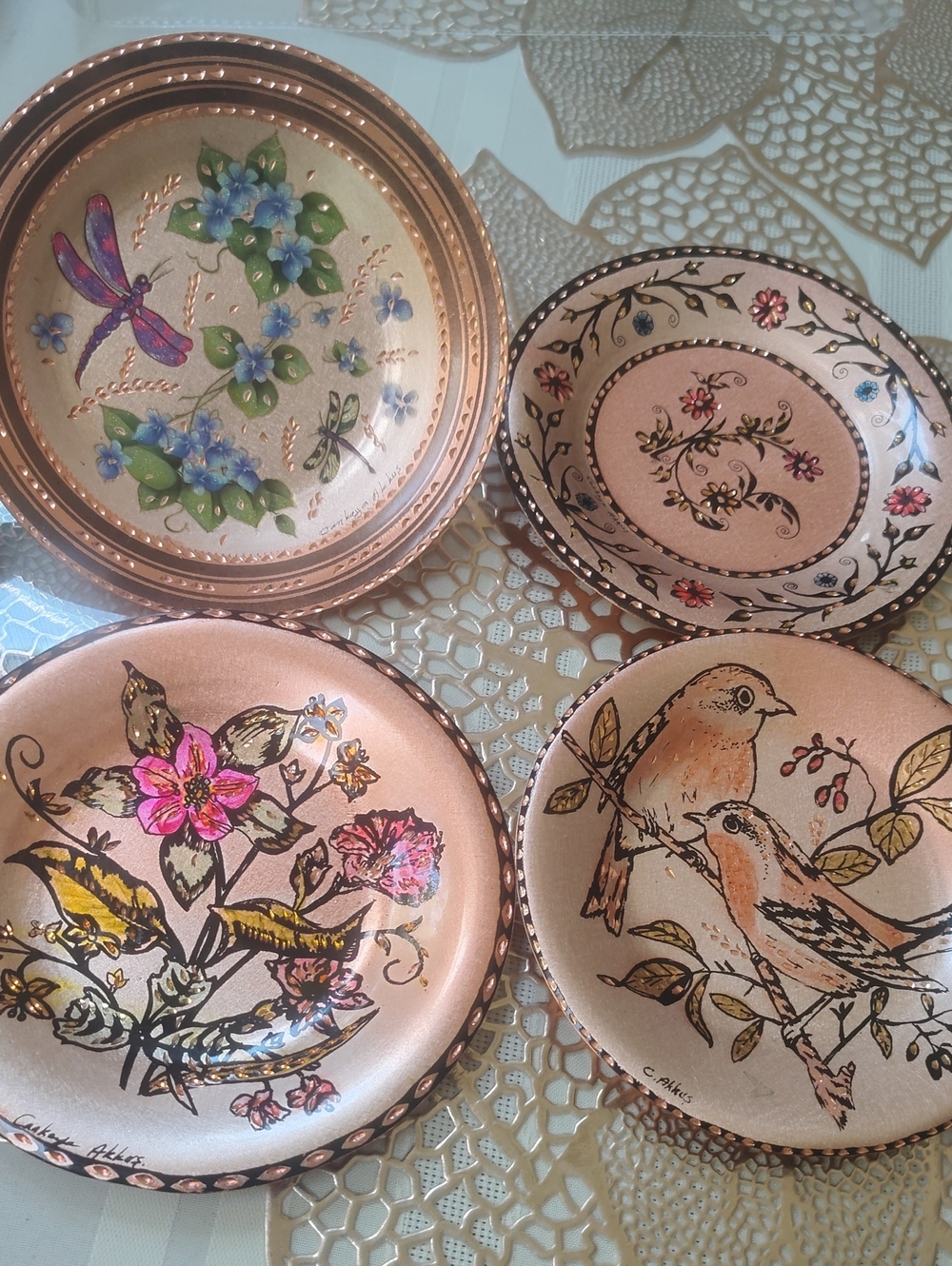 Hand-Etched Copper Floral & Bird Decorative Wall Plates - 6 Inches C812
